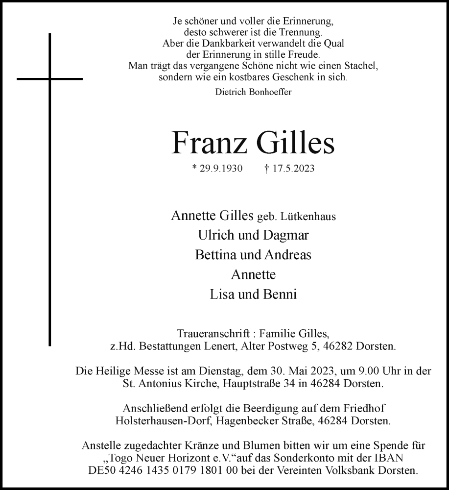  Traueranzeige für Franz Gilles vom 24.05.2023 aus Ruhr Nachrichten und Dorstener Zeitung