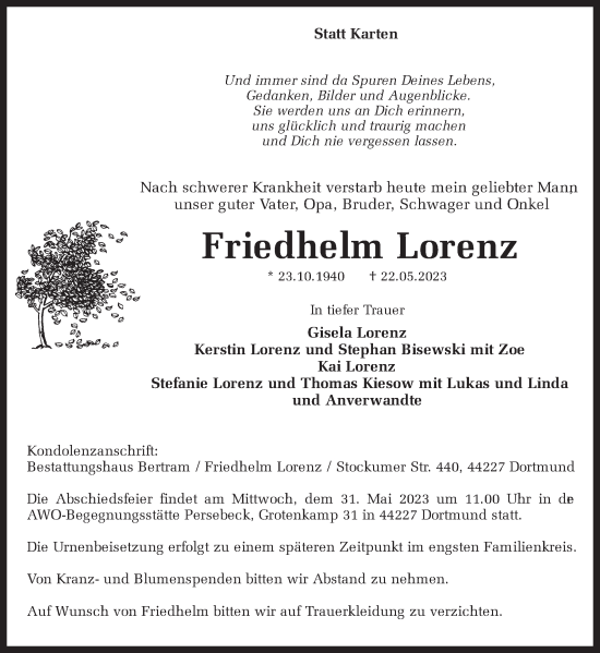 Traueranzeige von Friedhelm Lorenz 