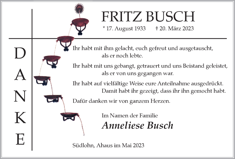  Traueranzeige für Fritz Busch vom 17.05.2023 aus Münstersche Zeitung und Münsterland Zeitung