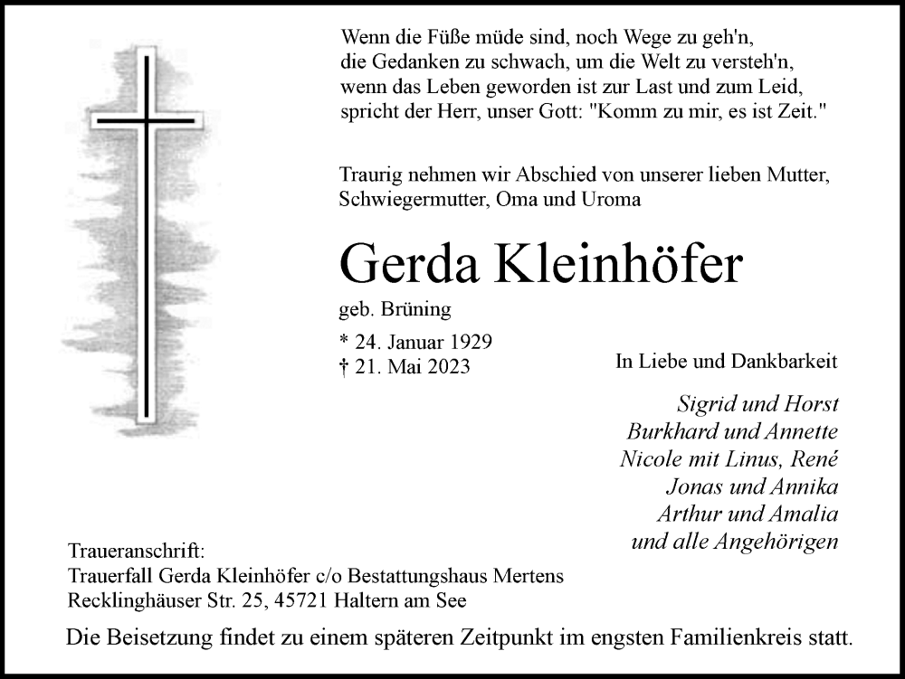  Traueranzeige für Gerda Kleinhöfer vom 27.05.2023 aus Ruhr Nachrichten und Halterner Zeitung