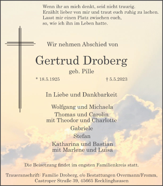 Traueranzeige von Gertrud Droberg von Medienhaus Bauer