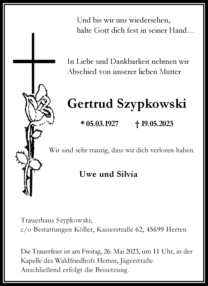  Traueranzeige für Gertrud Szypkowski vom 24.05.2023 aus Medienhaus Bauer