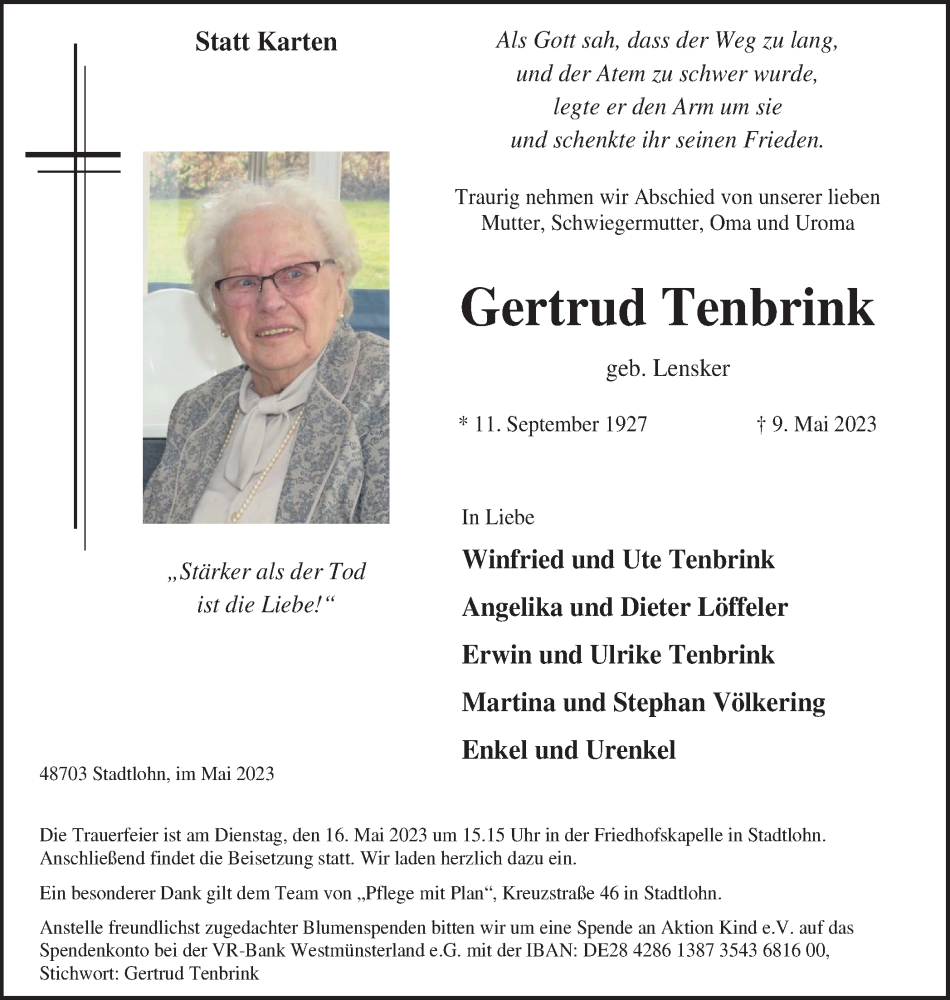  Traueranzeige für Gertrud Tenbrink vom 13.05.2023 aus Münstersche Zeitung und Münsterland Zeitung