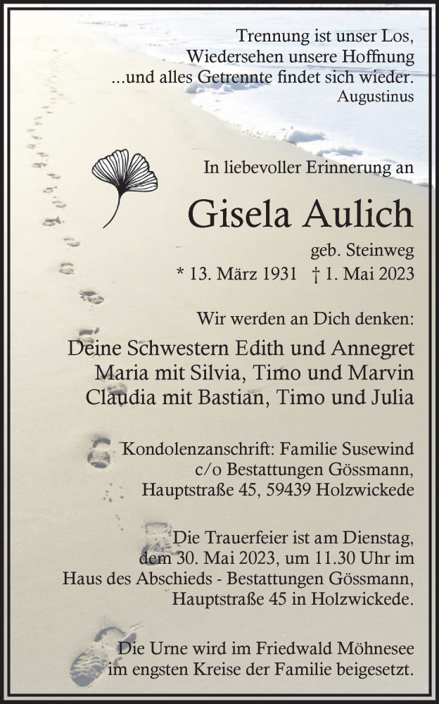  Traueranzeige für Gisela Aulich vom 20.05.2023 aus Hellweger Anzeiger