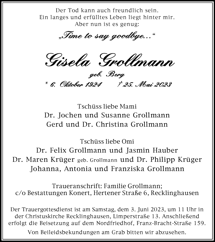  Traueranzeige für Gisela Grollmann vom 31.05.2023 aus Medienhaus Bauer