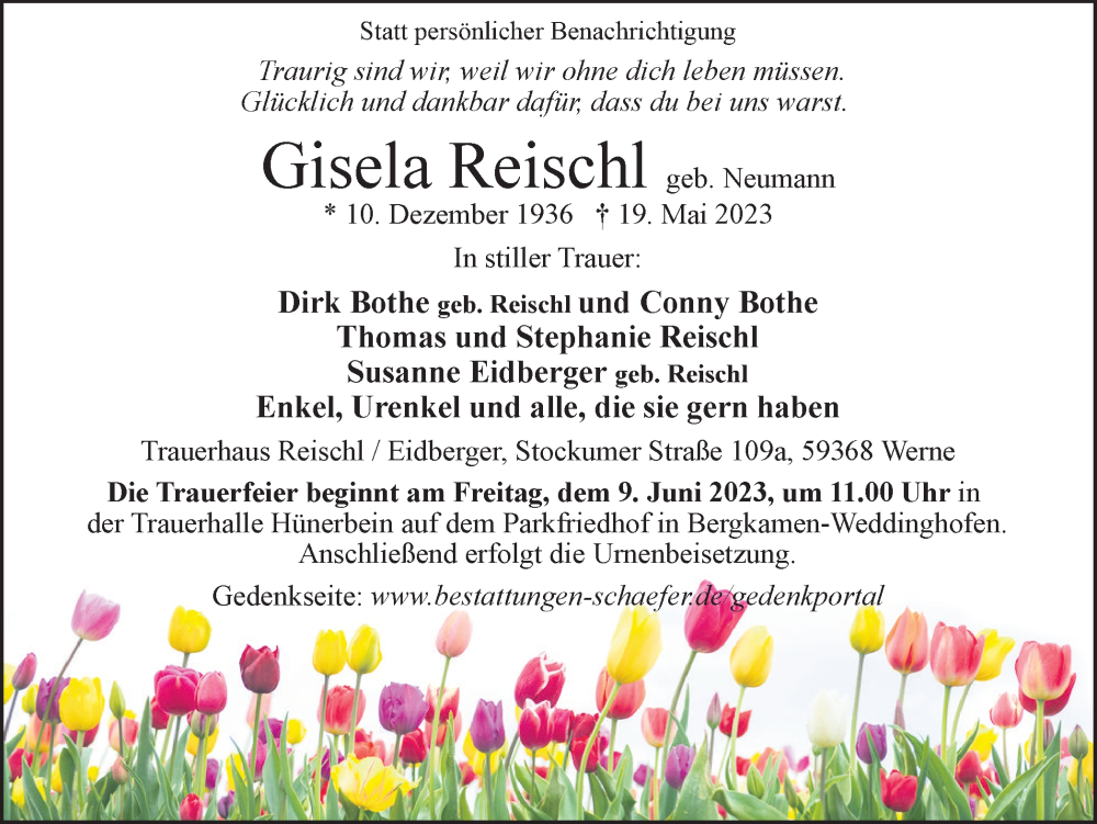  Traueranzeige für Gisela Reischl vom 27.05.2023 aus Hellweger Anzeiger