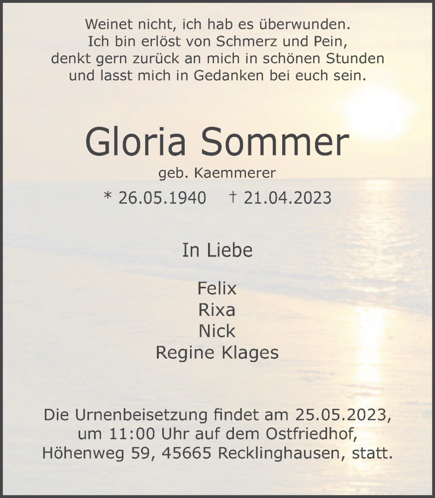  Traueranzeige für Gloria Sommer vom 24.05.2023 aus Medienhaus Bauer