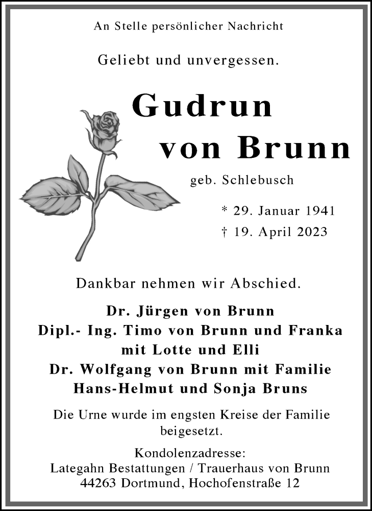  Traueranzeige für Gudrun von Brunn vom 20.05.2023 aus 