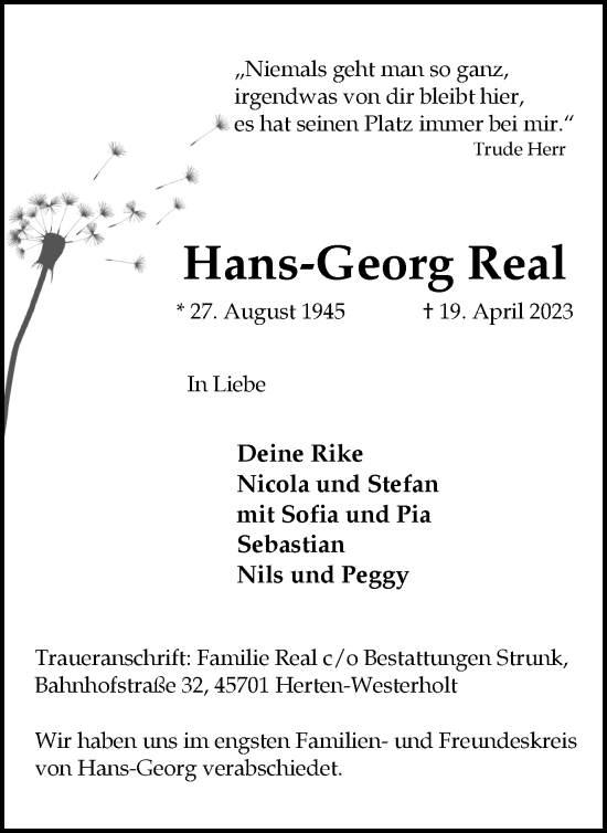 Traueranzeige von Hans-Georg Real von Ruhr Nachrichten und Halterner Zeitung