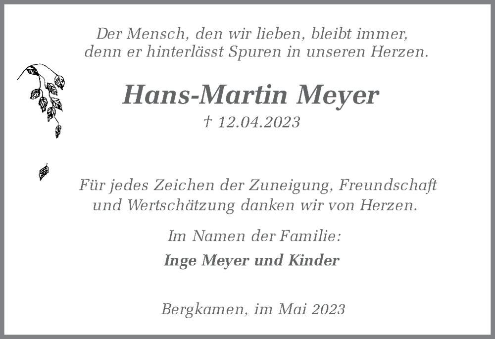  Traueranzeige für Hans-Martin Meyer vom 20.05.2023 aus Hellweger Anzeiger