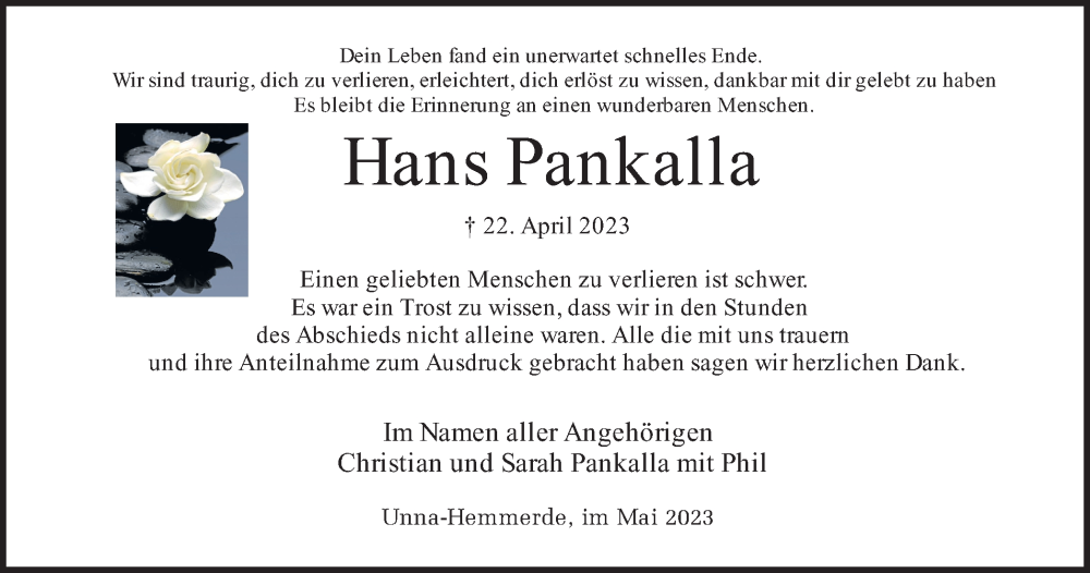 Traueranzeige für Hans Pankalla vom 26.05.2023 aus Hellweger Anzeiger
