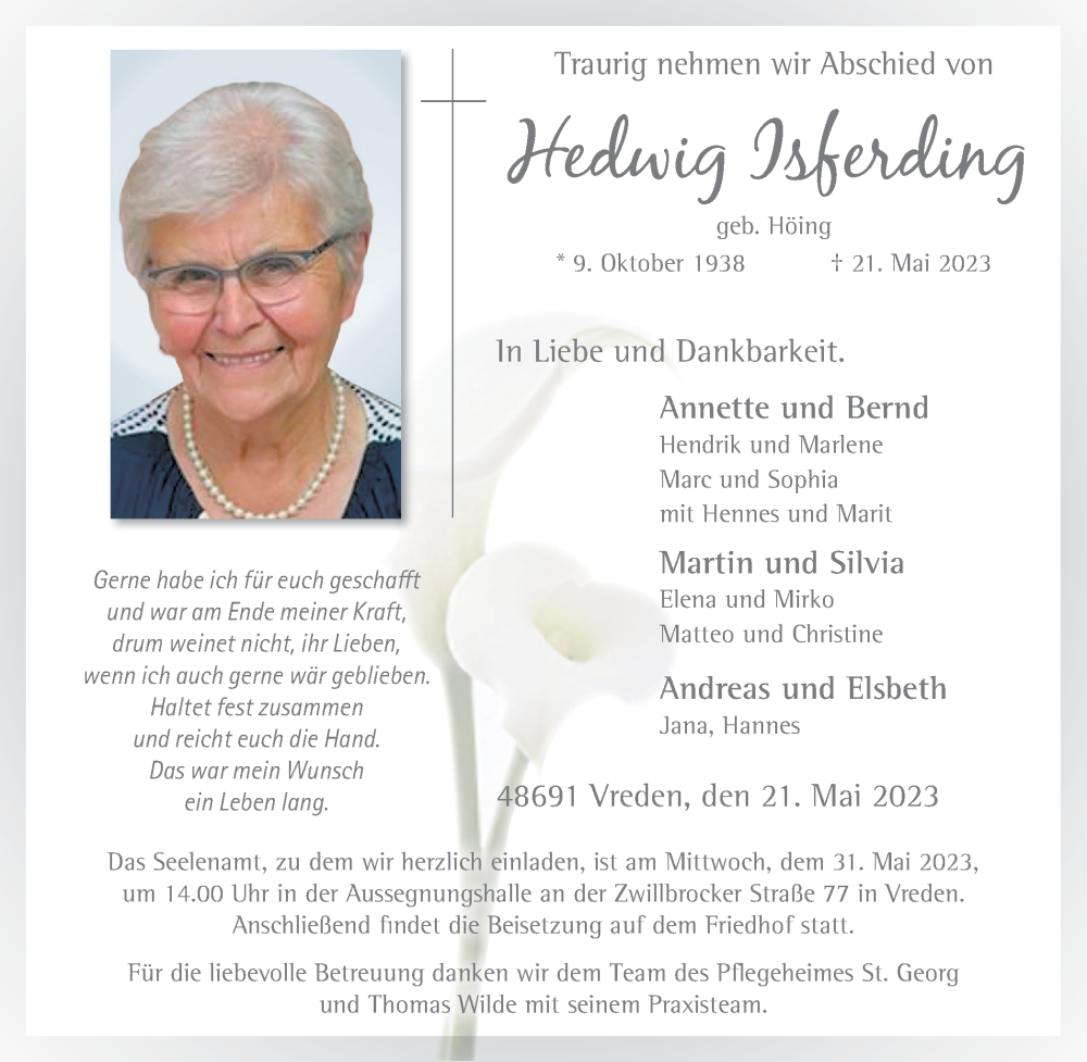  Traueranzeige für Hedwig Isferding vom 27.05.2023 aus Münstersche Zeitung und Münsterland Zeitung