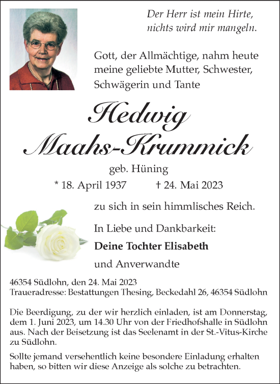 Traueranzeige von Hedwig Maahs-Krummick von Münstersche Zeitung und Münsterland Zeitung