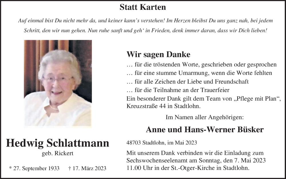  Traueranzeige für Hedwig Schlattmann vom 03.05.2023 aus Münstersche Zeitung und Münsterland Zeitung