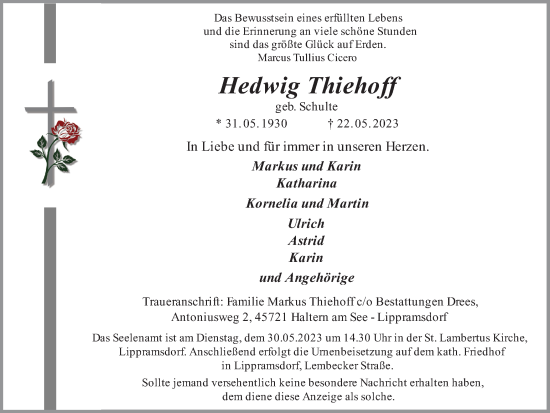Traueranzeige von Hedwig Thiehoff