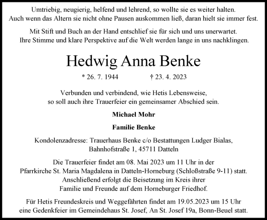 Traueranzeigen von Hedwig Anna Benke | sich-erinnern.de
