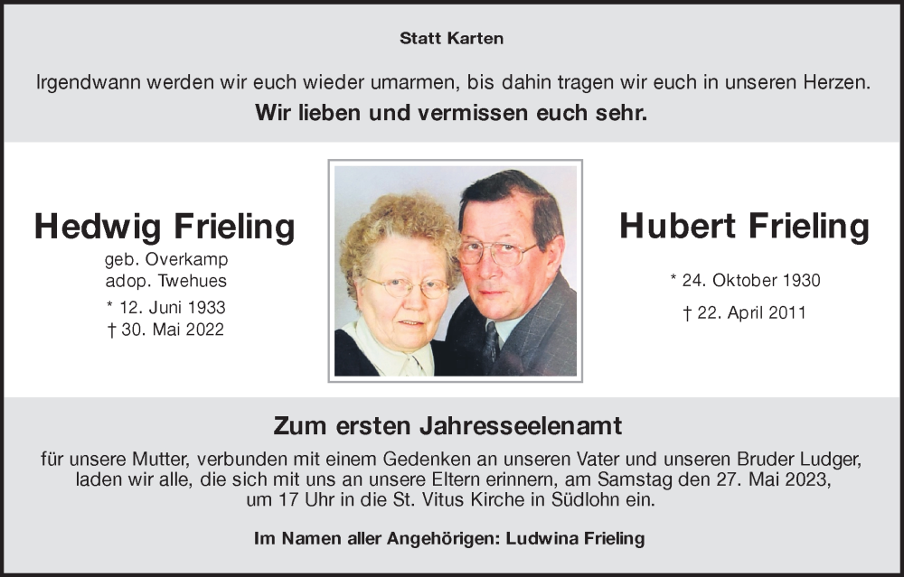  Traueranzeige für Hedwig und Hubert Frieling vom 23.05.2023 aus Münstersche Zeitung und Münsterland Zeitung