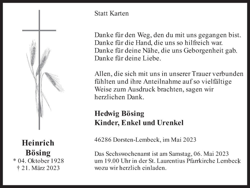  Traueranzeige für Heinrich Bösing vom 03.05.2023 aus Ruhr Nachrichten und Dorstener Zeitung