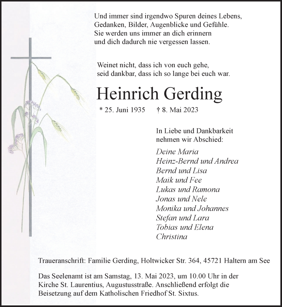  Traueranzeige für Heinrich Gerding vom 10.05.2023 aus Ruhr Nachrichten und Halterner Zeitung