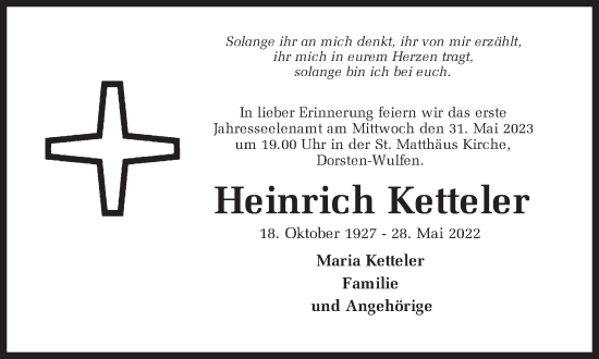 Traueranzeige von Heinrich Ketteler von Ruhr Nachrichten und Dorstener Zeitung
