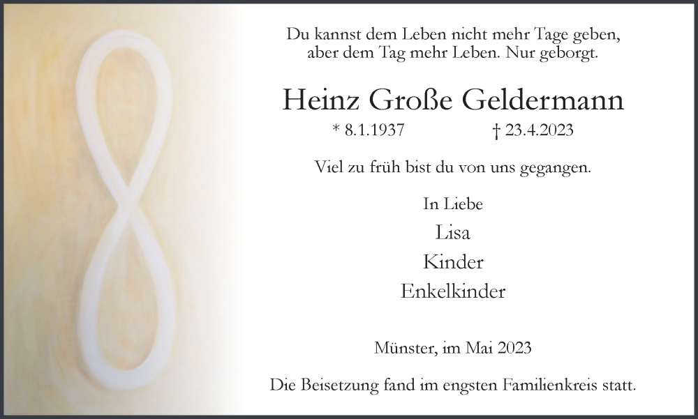  Traueranzeige für Heinz Große Geldermann vom 20.05.2023 aus Ruhr Nachrichten und Dorstener Zeitung