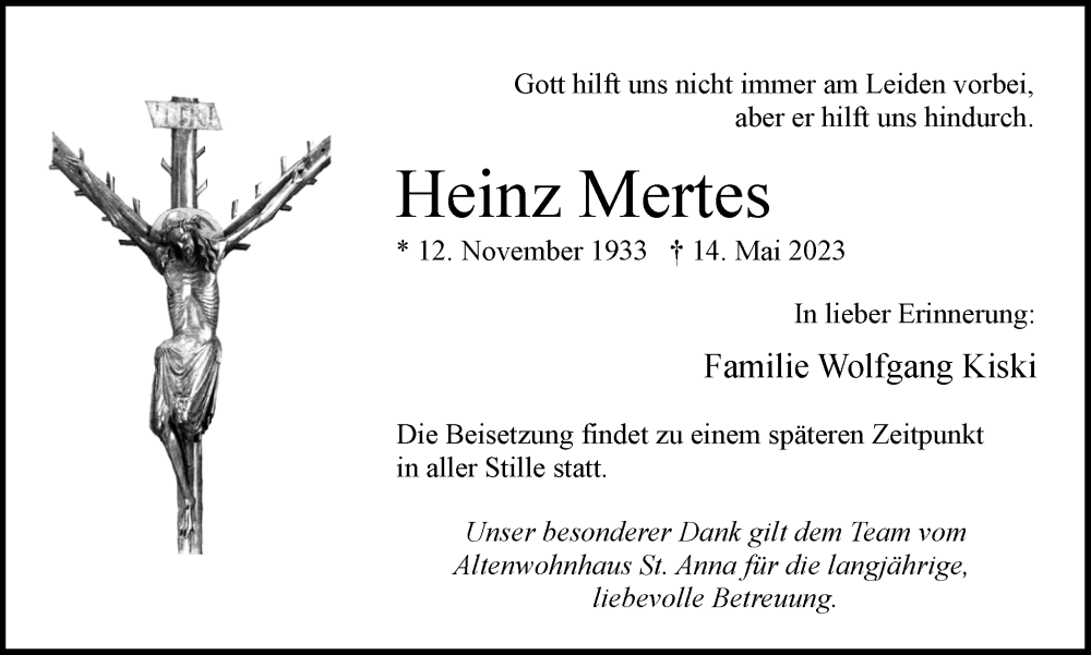  Traueranzeige für Heinz Mertes vom 20.05.2023 aus Ruhr Nachrichten und Halterner Zeitung