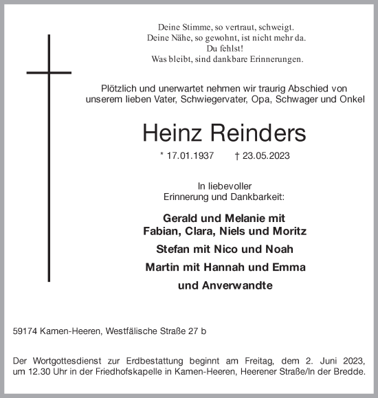 Traueranzeige von Heinz Reinders von Hellweger Anzeiger