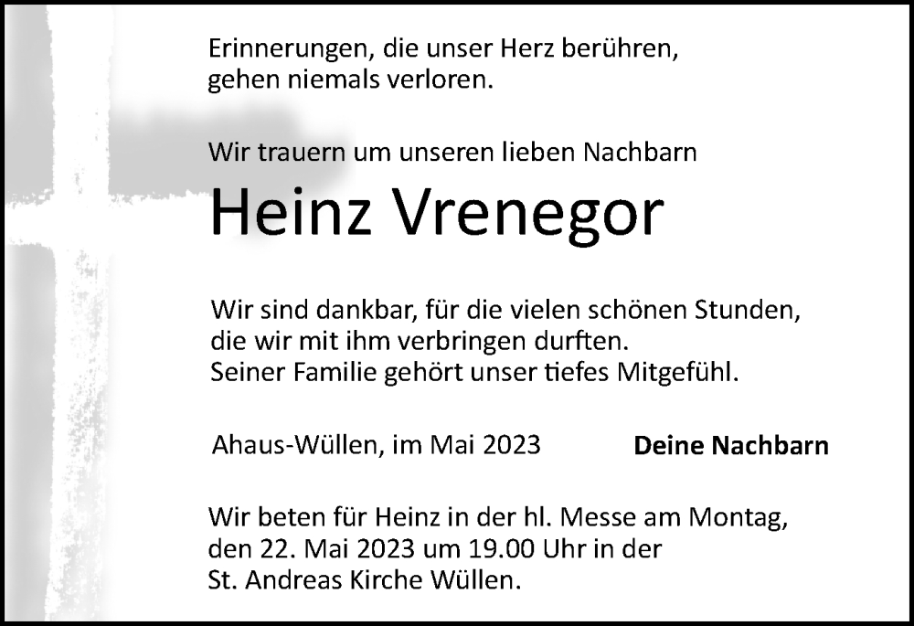  Traueranzeige für Heinz Vrenegor vom 20.05.2023 aus Münstersche Zeitung und Münsterland Zeitung