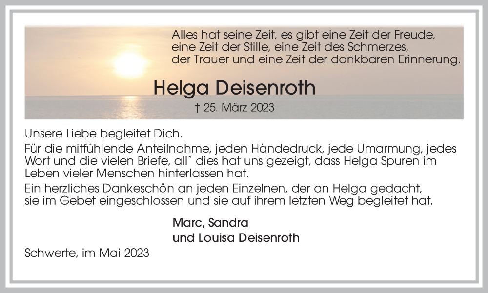  Traueranzeige für Helga Deisenroth vom 27.05.2023 aus Ruhr Nachrichten