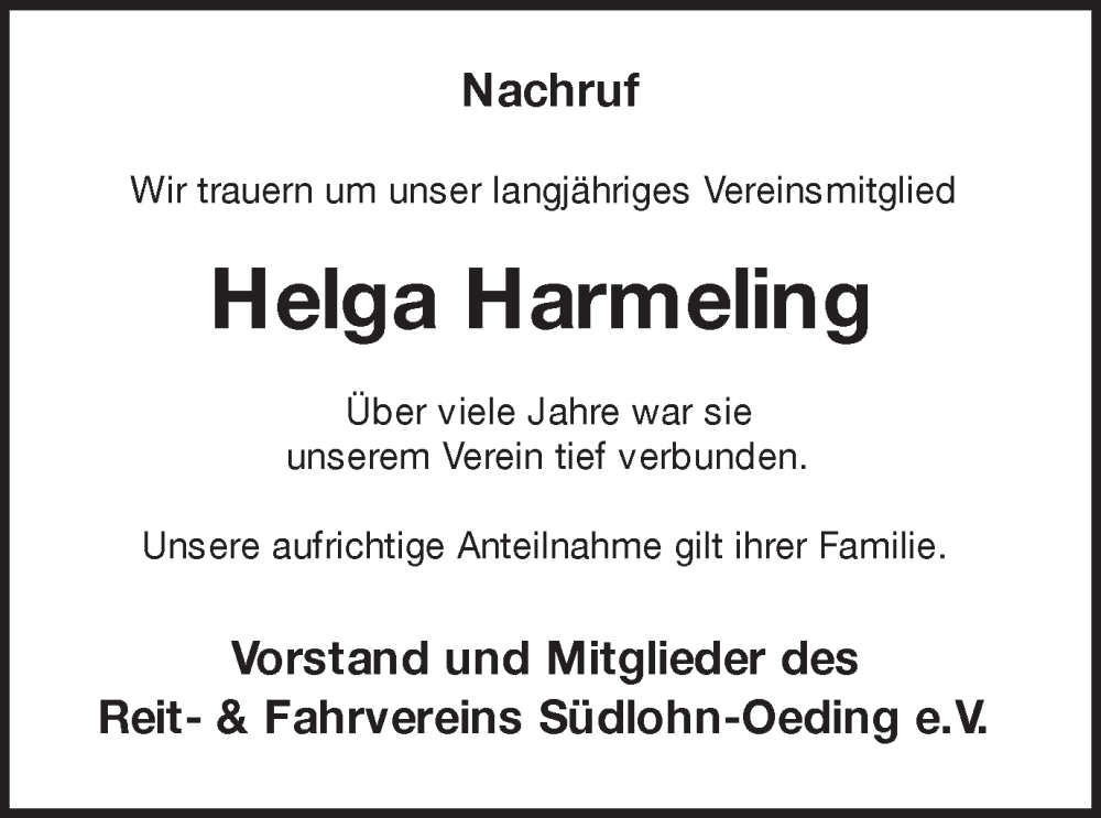  Traueranzeige für Helga Harmeling vom 26.05.2023 aus Münstersche Zeitung und Münsterland Zeitung