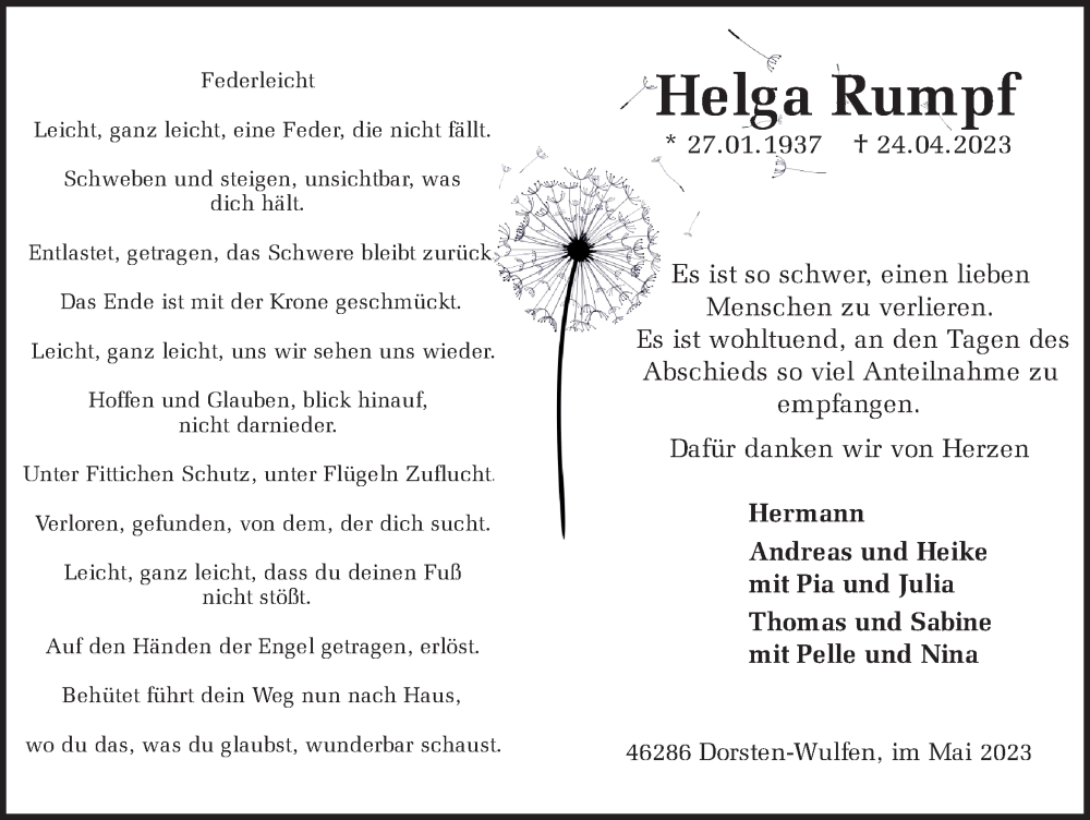  Traueranzeige für Helga Rumpf vom 27.05.2023 aus Ruhr Nachrichten und Dorstener Zeitung