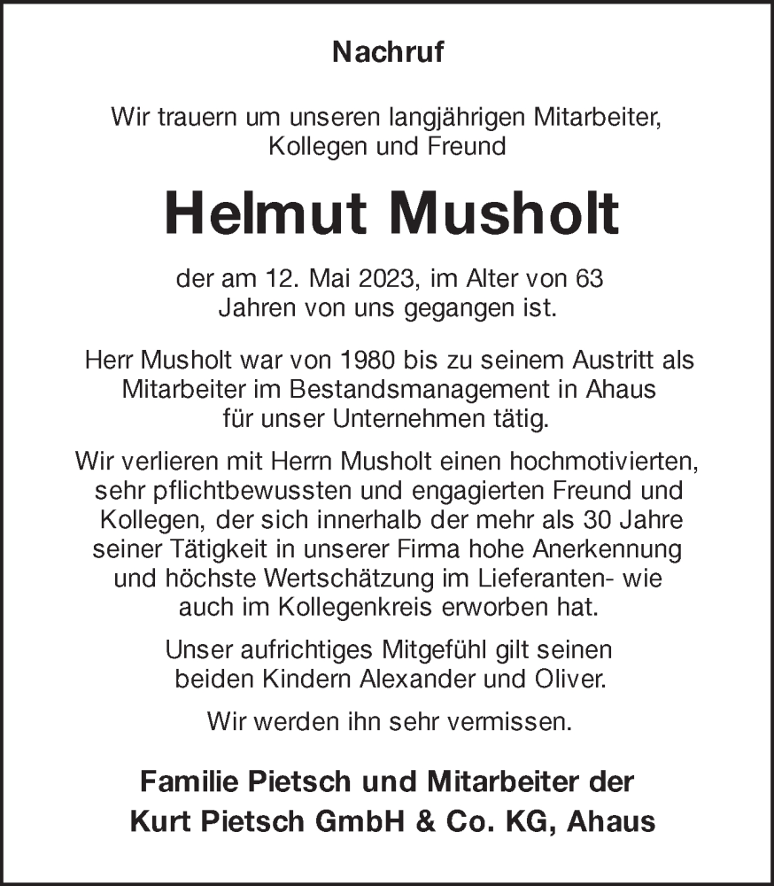  Traueranzeige für Helmut Musholt vom 20.05.2023 aus Münstersche Zeitung und Münsterland Zeitung