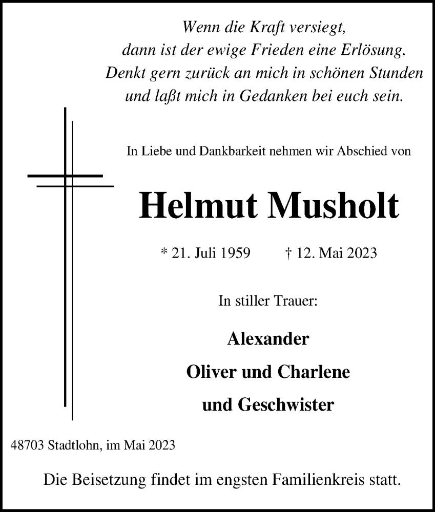  Traueranzeige für Helmut Musholt vom 23.05.2023 aus Münstersche Zeitung und Münsterland Zeitung