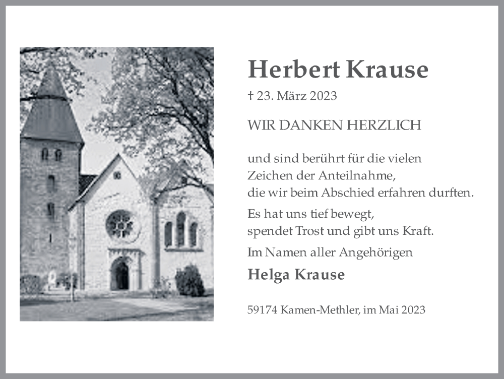  Traueranzeige für Herbert Krause vom 06.05.2023 aus Hellweger Anzeiger