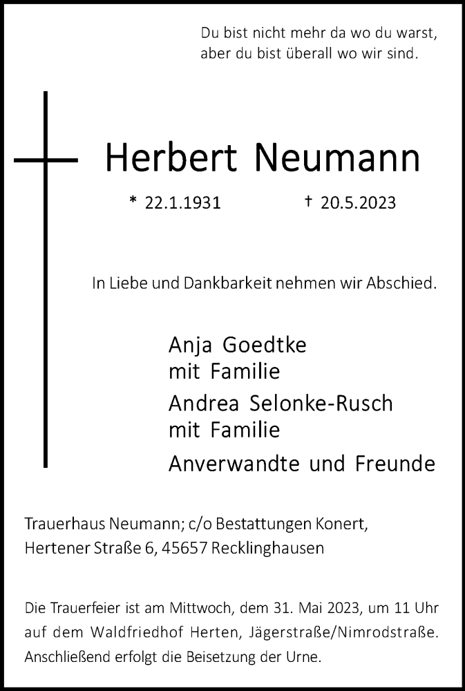  Traueranzeige für Herbert Neumann vom 24.05.2023 aus Medienhaus Bauer