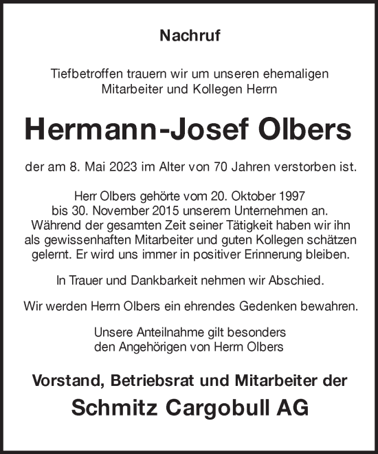 Traueranzeige von Hermann-Josef Olbers von Münstersche Zeitung und Münsterland Zeitung