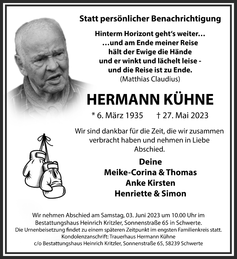  Traueranzeige für Hermann Kühne vom 31.05.2023 aus Ruhr Nachrichten