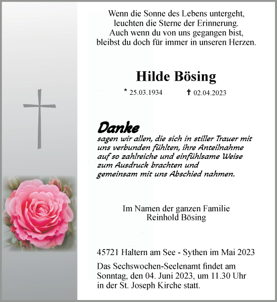 Traueranzeige von Hilde Bösing von Ruhr Nachrichten und Halterner Zeitung