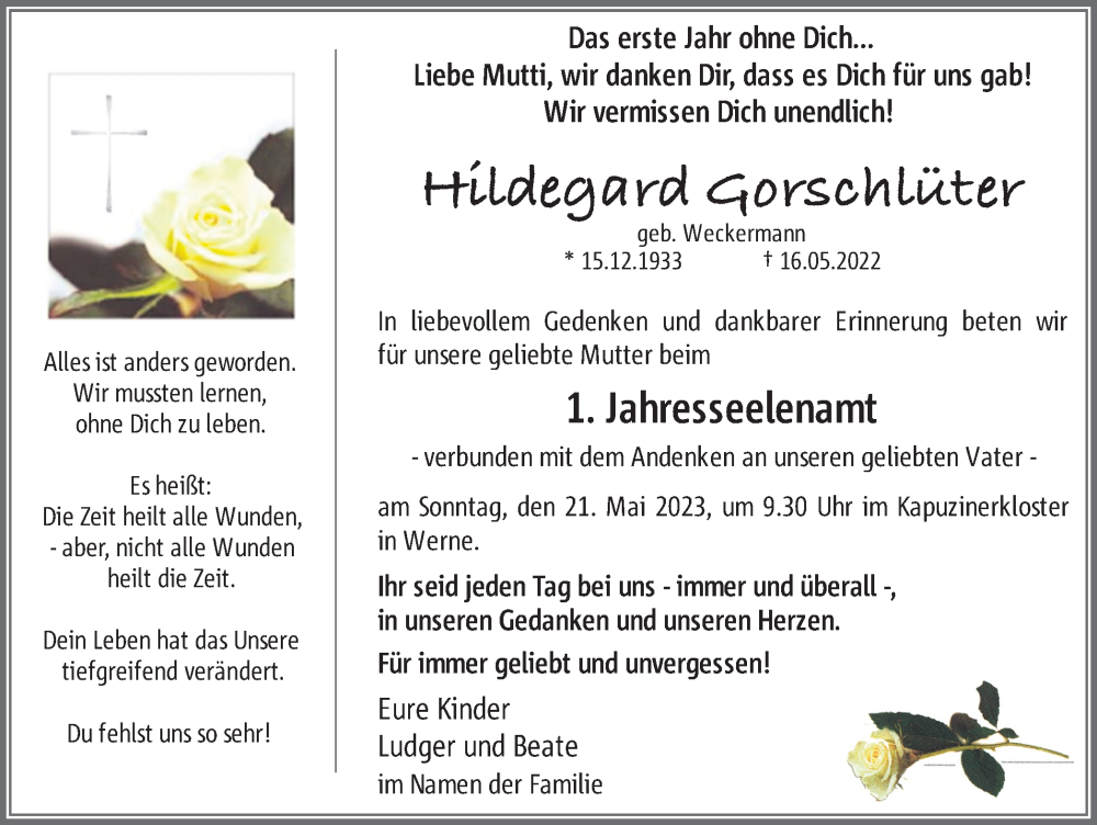  Traueranzeige für Hildegard Gorschlüter vom 16.05.2023 aus Ruhr Nachrichten