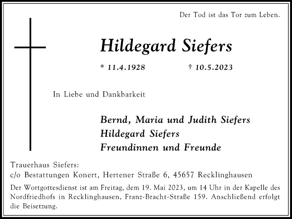  Traueranzeige für Hildegard Siefers vom 13.05.2023 aus Medienhaus Bauer