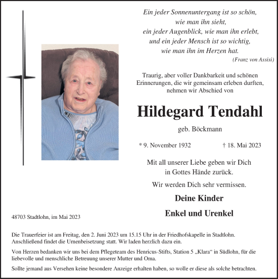 Traueranzeige von Hildegard Tendahl