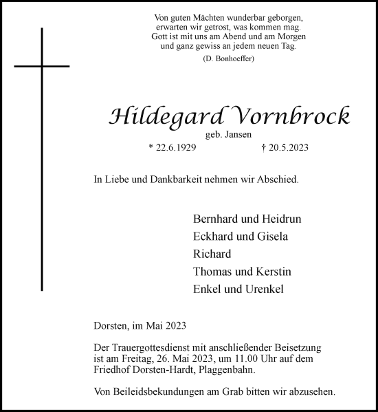 Traueranzeige von Hildegard Vornbrock