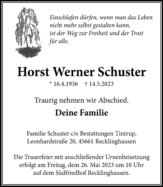 Traueranzeige von Horst Werner Schuster von Medienhaus Bauer
