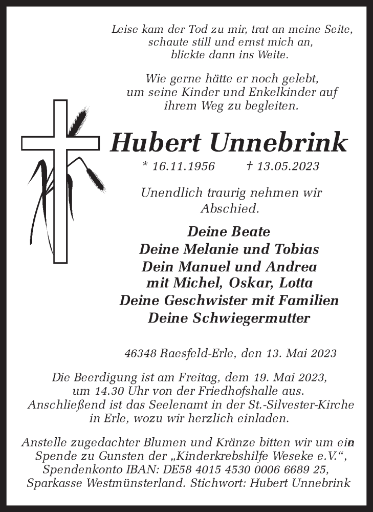  Traueranzeige für Hubert Unnebrink vom 16.05.2023 aus Ruhr Nachrichten und Dorstener Zeitung