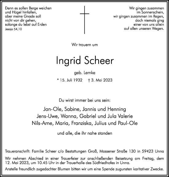 Traueranzeige von Ingrid Scheer von Hellweger Anzeiger