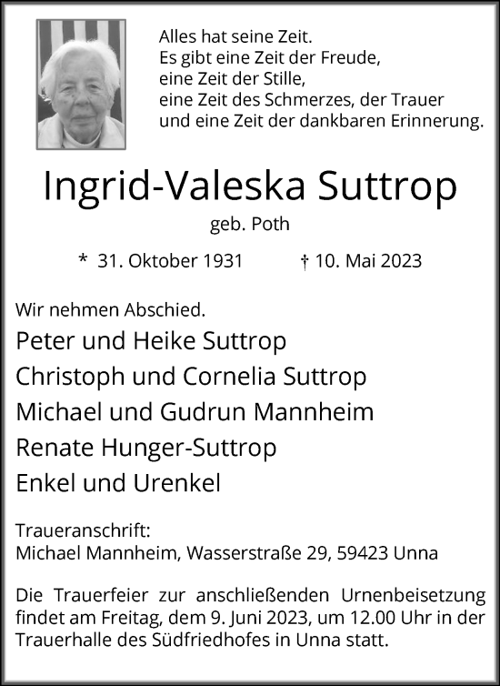 Traueranzeige von Ingrid-Valeska Suttrop von Hellweger Anzeiger