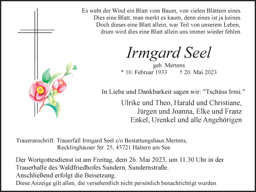  Traueranzeige für Irmgard Seel vom 23.05.2023 aus Ruhr Nachrichten und Halterner Zeitung