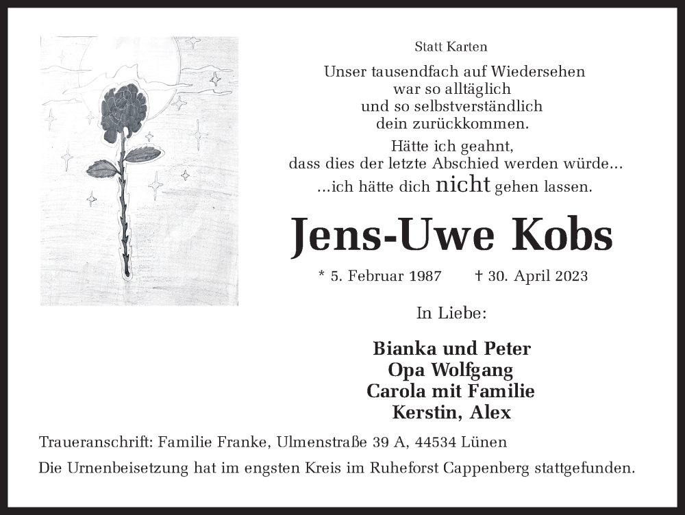  Traueranzeige für Jens-Uwe Kobs vom 20.05.2023 aus Ruhr Nachrichten