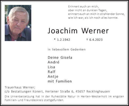 Traueranzeige von Joachim Werner von Medienhaus Bauer