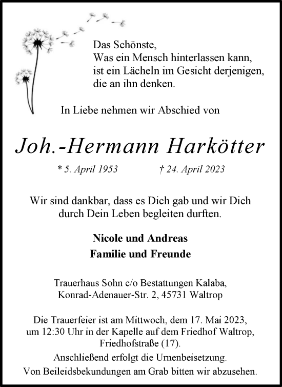 Traueranzeige von Joh.-Hermann Harkötter 